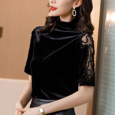 Camisa de cuello alto de primavera, otoño e invierno, nueva ropa de mujer, camiseta de manga media de primavera, top de media manga estilo extranjero