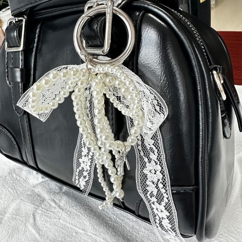 Stylish Imitation Pearls Beaded Bowknot Shaped Keychain Bag Ornament Butterfly Knot Jewelry for Purses and Accessories