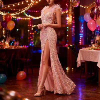 Women's Sexy Sequin Feather Prom Dress Sleeveless High Slit Deep V Neck Formal Evening Gown Sparkly Masquerade Ball Maxi Dress