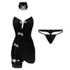 Domila Erotic Underwear Sexy Chain Neck Stand-up Collar Hollow Cheongsam Shiny Retro Uniform Set