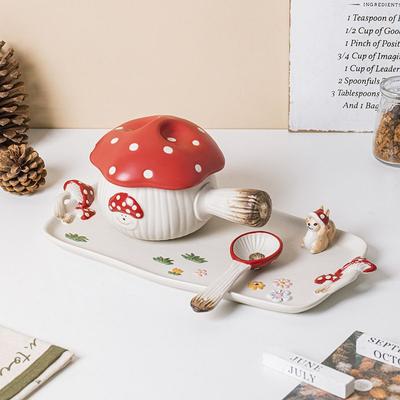 Red Mushroom Handle Bowl with Lid Creative Ceramic Breakfast Fruit Dessert Plate Creative Mushroom Salad Bowl Spoon Cutlery New