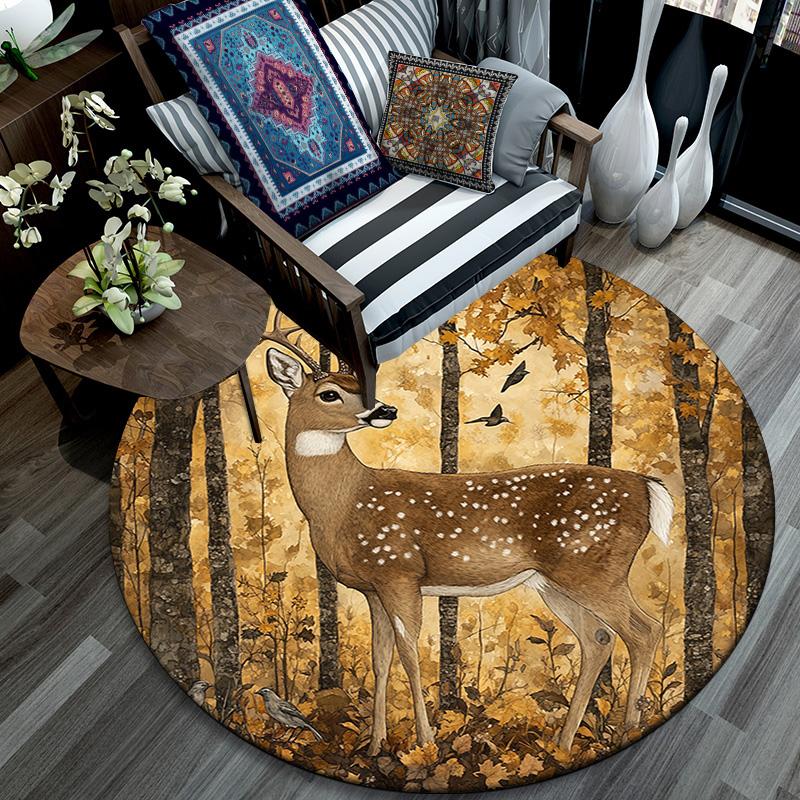 Forest Deer Round Area Rug,Carpet Rug for Living Room Bedroom Sofa Playroom Decor,Non-slip Floor Mat