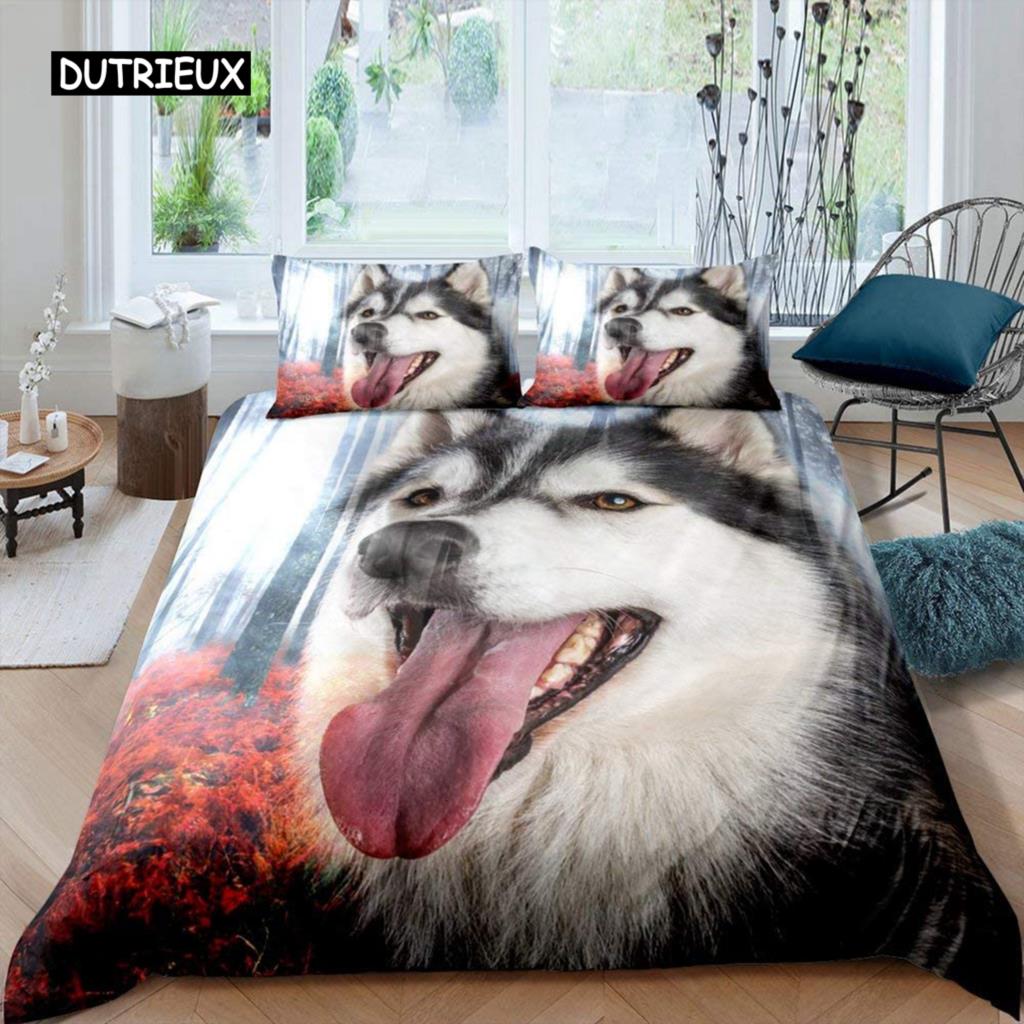 Husky Duvet Cover Puppy Pet Flower Floral Jungle Natural Scenery Cute Animal Bedding Set Polyester Double Queen King Quilt Cover