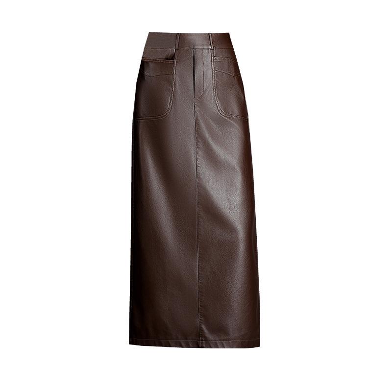 Luxurious Mid-Length Lambskin Leather Skirt with Stylish Slit for Women - Perfect for Autumn and Winter Elegance