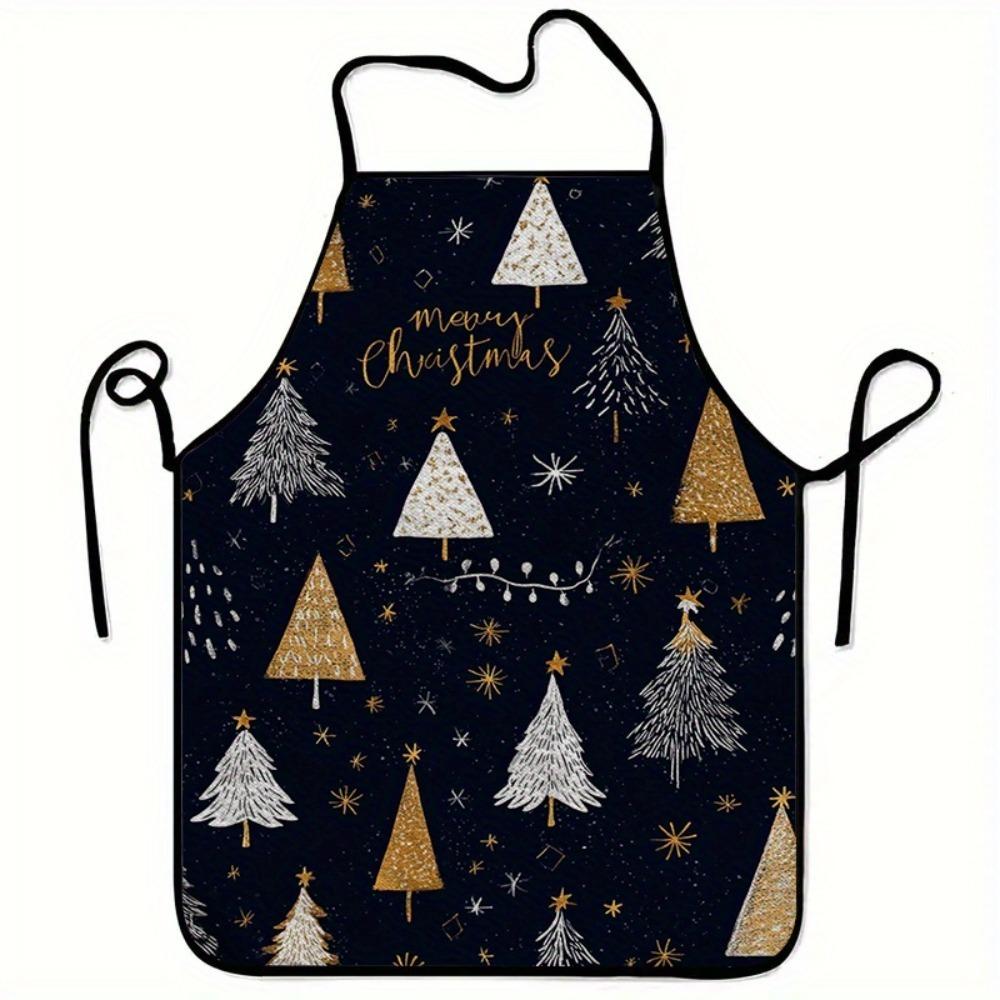 1pc Extra Large Christmas Apron, Elegant Black Golden Glitter Tree Pattern Unisex Kitchen Cooking Baking Apron, Easy to Clean, Suitable for Parties, H