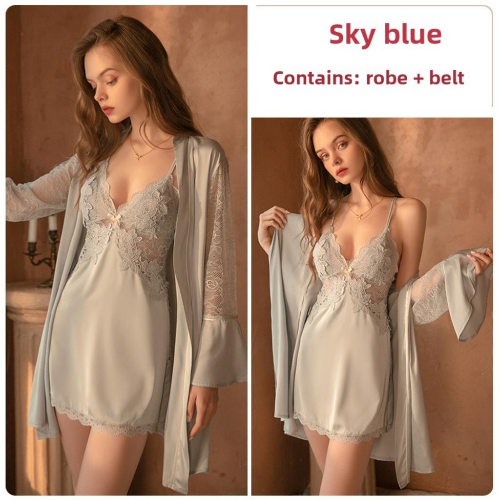 Satin Chest Pad Suspender Nightdress Sexy Deep V Lace-up Nightgown Loungewear Set
