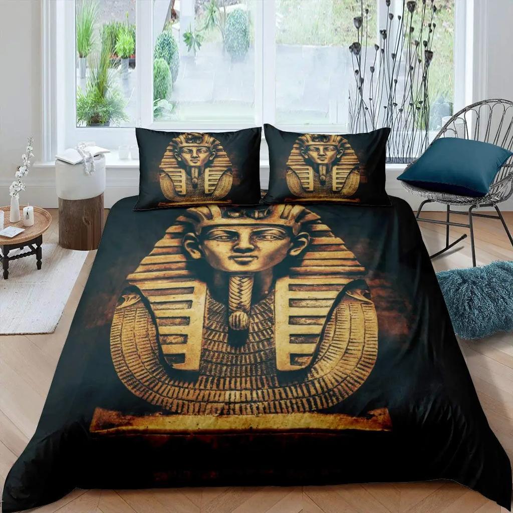 Pharaoh Duvet Cover Queen Ancient Egypt Tribe Comforter Cover Set for Boys Egyptian Pyramids Exotic Style Polyester Bedding Set