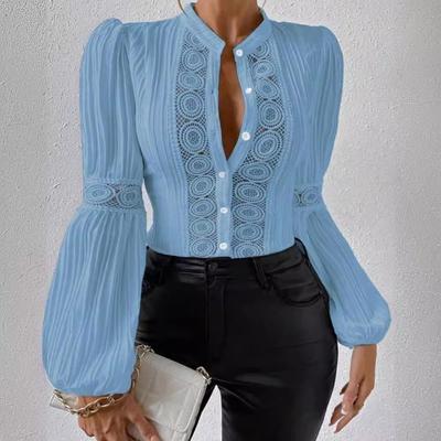 Spring New Arrival European American Fashion Independent Station Lace Splicing Lantern Long-sleeved Solid Stand-up Collar Shirt