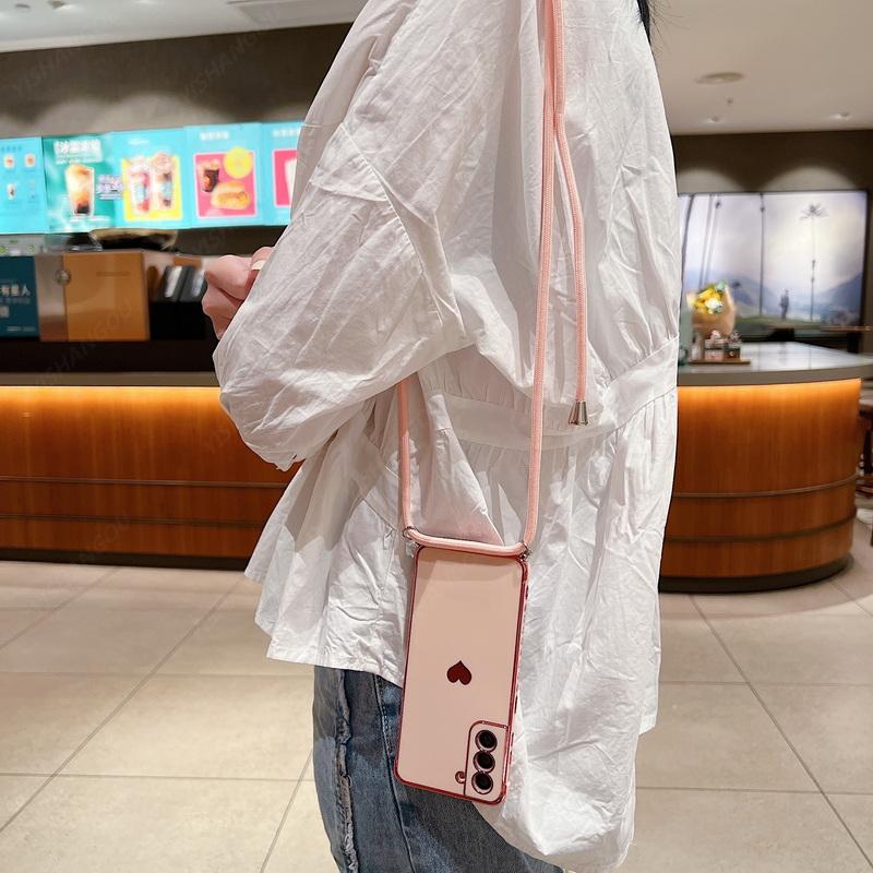 Crossbody Strap Cord Phone Case For Samsung Galaxy S25 S23 S24 Ultra S24 FE A35 A15 A16 A55 A54 5G Plating Heart Lanyard Cover