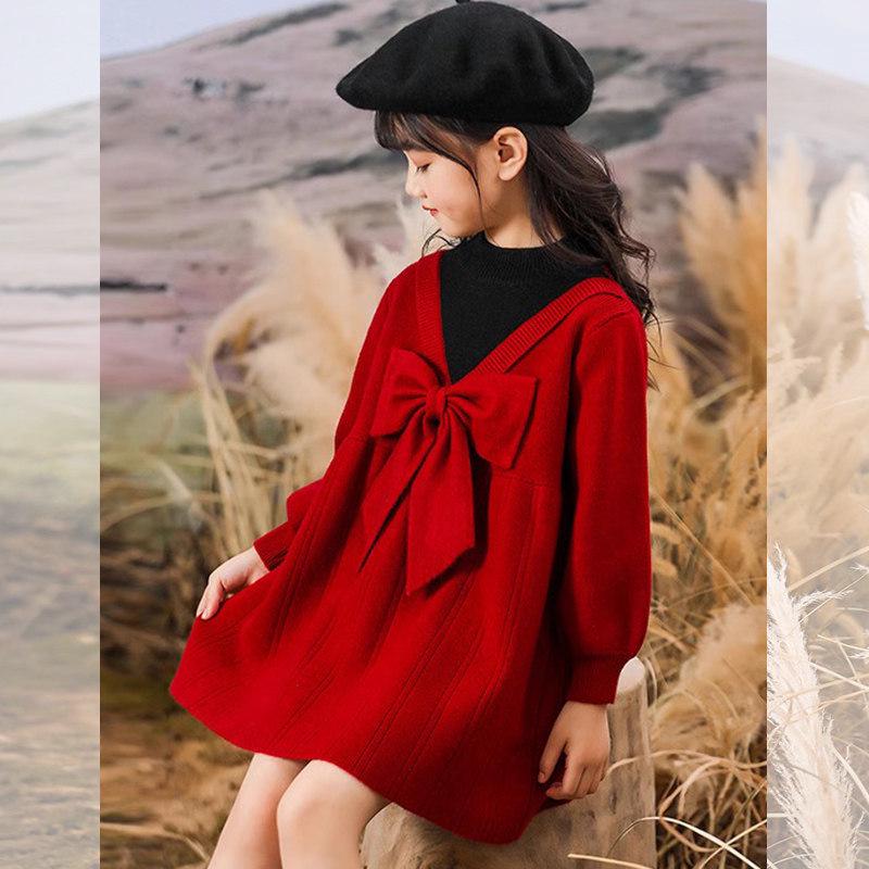 Girls' Red Faux Two-Piece Knitted Dress, 2025 Style, Autumn/Winter Fashion for Big Girls