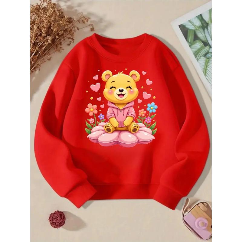 Girls' Crewneck Sweatshirt | Cute Bear and Flower Hearts Design, Long-sleeved, Soft & Comfortable, Perfect for Spring/Fall