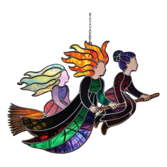 Halloweenský Suncatcher Čarodějnice 3 Čarodějnice Létající na Koštěti Vitrážový Suncatcher Akrylová Závěsná Dekorace na Okno pro Dveře Nástěnná Dekorace