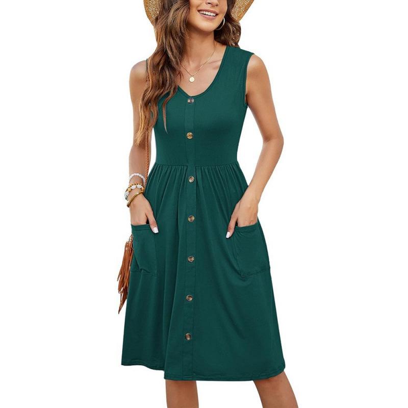 Abito midi casual estivo da donna, scollo a V, senza maniche, bottoni, linea ad A, con tasche