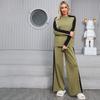 Conjunto de dos piezas de suéter de punto casual para mujer de otoño invierno, tops de manga larga tipo jersey y pantalón de pierna ancha, chándal