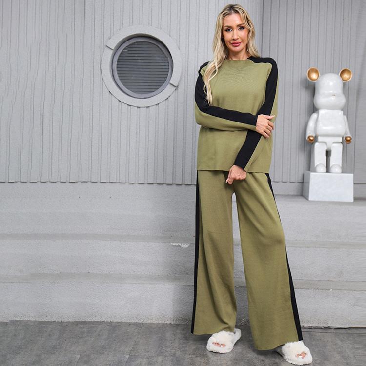 Conjunto de dos piezas de suéter de punto casual para mujer de otoño invierno, tops de manga larga tipo jersey y pantalón de pierna ancha, chándal