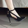 Women Sandals High Quality Solid Color Shoes Pointed Toe Shallow Mouth Hollow Sandals One-word Buckle Strap Stiletto Heels Women
