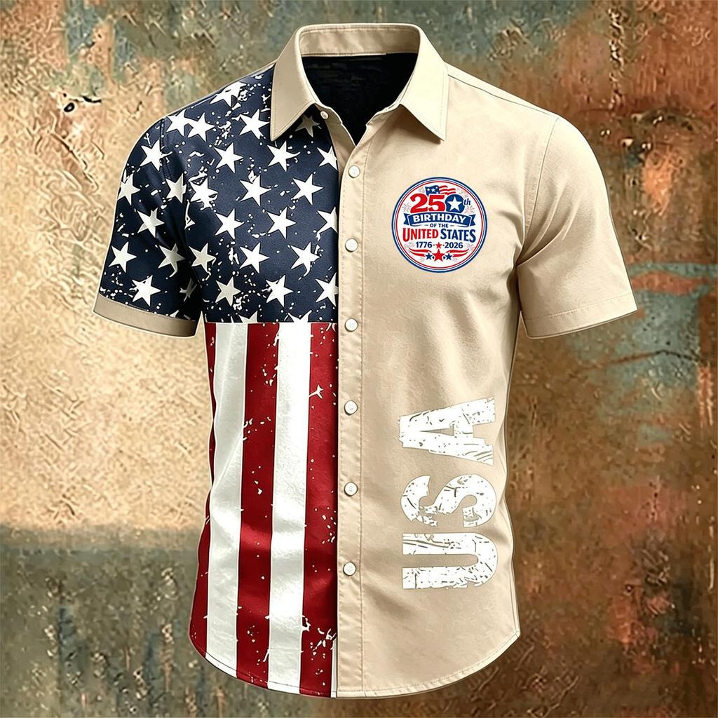 Men Short Sleeve Button Down Casual Collared Shirt with United States Letter Print and Flag Pattern for Spring Summer Wear