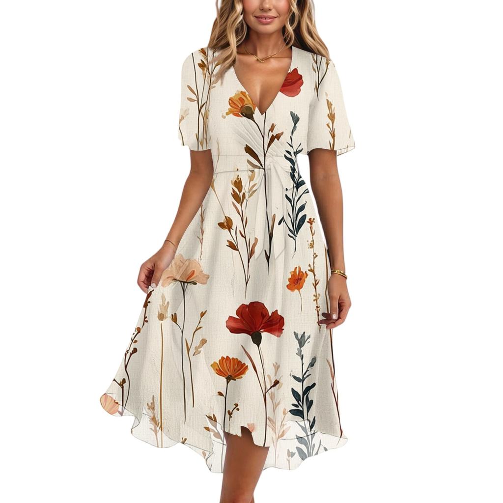 Damenmode Lässig V-Ausschnitt Kurzarm Rüschen Vintage Bedruckte Kleider