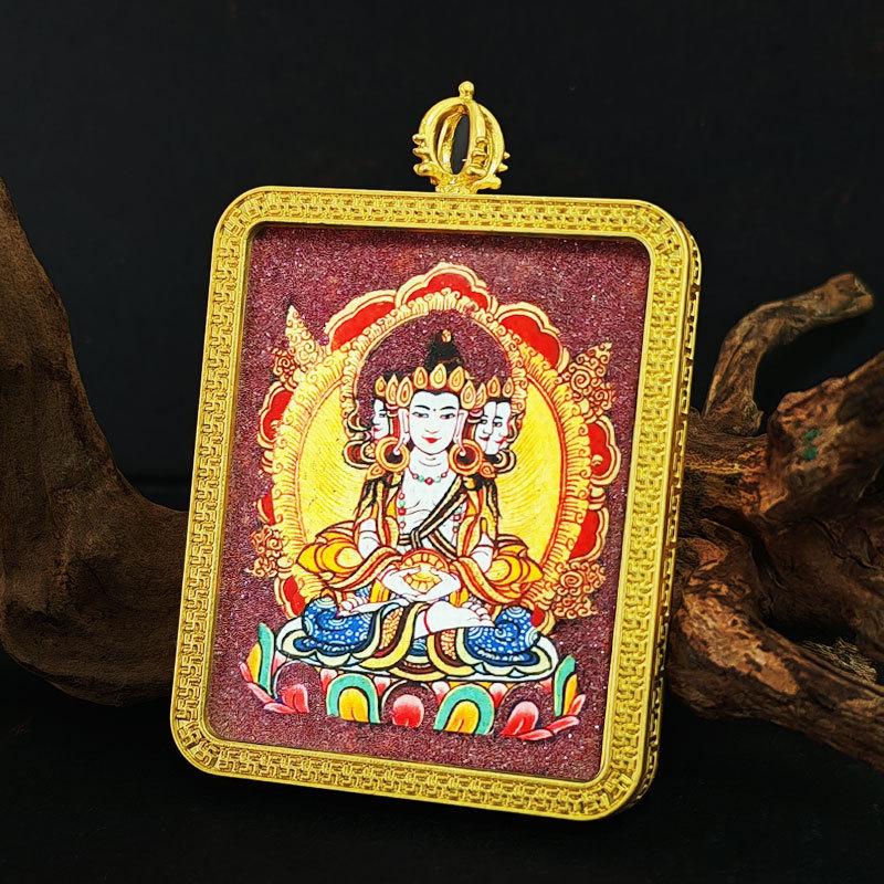 Zodiac Cinnabar Thangka Pendant - Eight Guardian Deities Amulet Box (Samantabhadra & Manjushri)