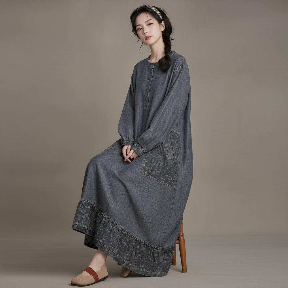 Johnature Women Vintage Dress Spring O-Neck Long Sleeve Patchwork Pockets Button Female Dresses