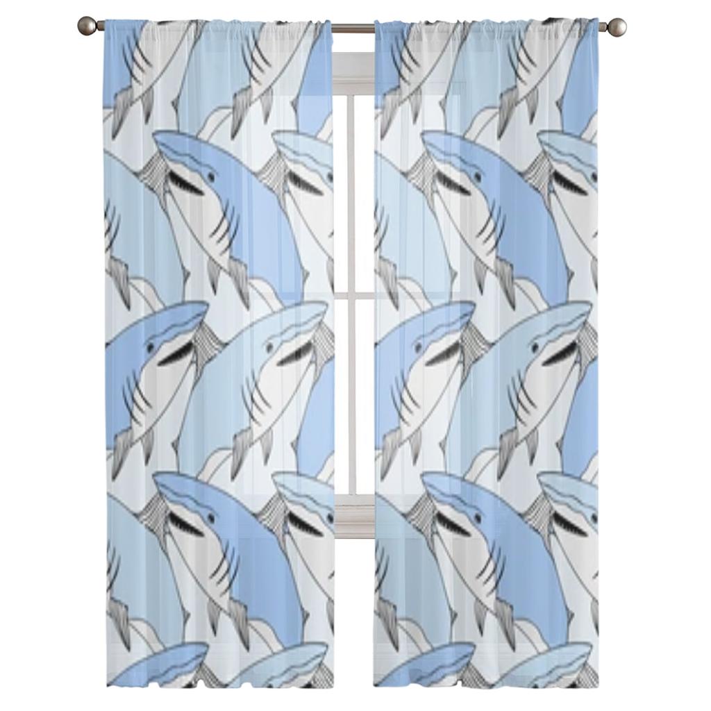 Cute Sharks Pattern Sheer Window Curtains For Living Room Bedroom Modern Voile Tulle Curtains Fabric Drapes For Kitchen