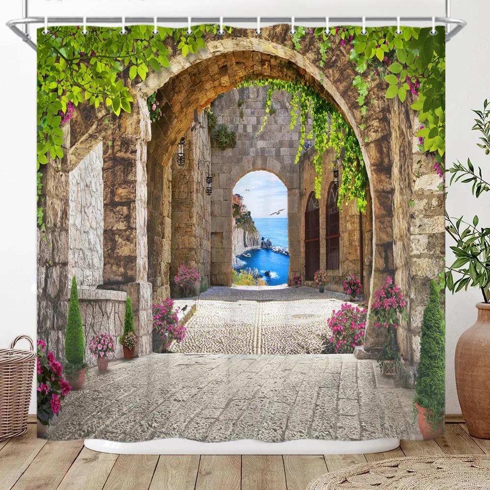 Window Outside Forest Bridge Spring Landscape Creativity Shower Curtain Zen Stone Tree Building Scenery Cloth Curtains With Ho
