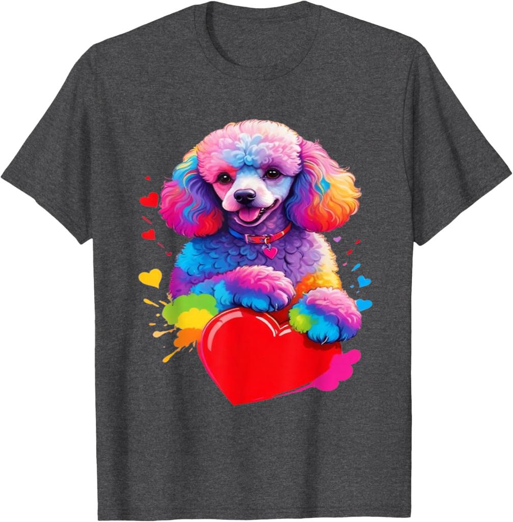 Colorful Rainbow Poodle Heart Graphic Tee Men Casual Short Sleeve Cotton Print T-Shirt