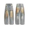 Jeans de pierna ancha teñidos con barro amarillo retro americano para hombres y mujeres holgados callejeros sueltos rectos pantalones casuales de pareja moda