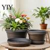 Modern Resin Planters Bulb Plant Pot with Saucer, 10 Inch 13 Wide Flowerpot Versatile Pots for Balcony Drainage Holes, Indoor Outdoor Planter