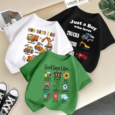 Kinder T-shirt 2-13J Losvallend Casual O-hals Korte mouw Meisjes T-shirt Top Jongens T-shirt Graafmachine Print Korte mouw