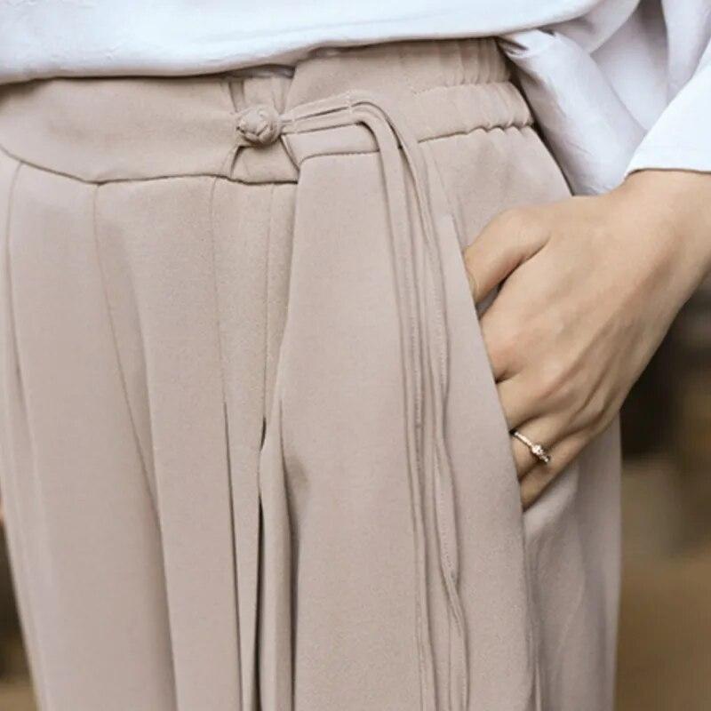 Johnature Spring Vintage High Waist Wide Leg Pants Belt Patchwork Pockets Casual Trousers Solid Color Soft Women Pants