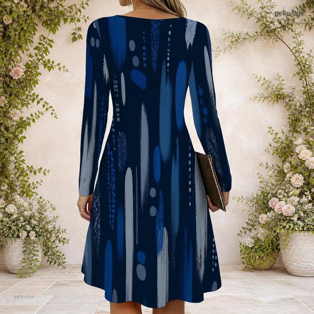 Women Criss Cross V Neck Long Sleeve Abstract Printed Casual Dress Curved Hem