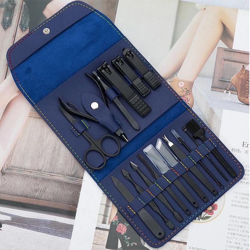 16pcs Stainless Steel Nail Set Decoration Foot Set Nail Scissors Stainless Steel Professional Nail Clippers Tool Belt Travel Kit