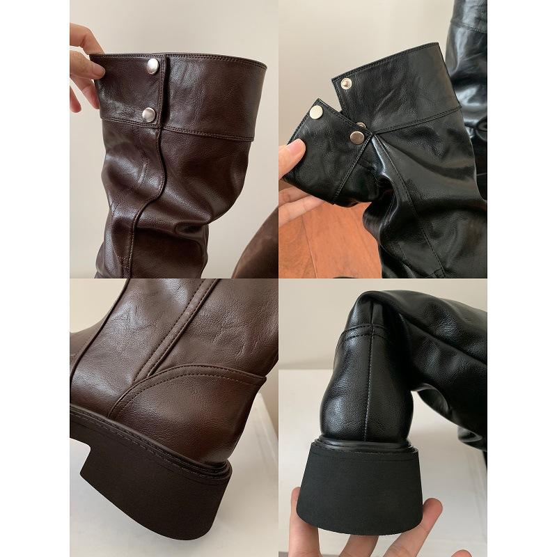 Cowhide version~ grape ma height increase 5cm long boots three-dimensional round head thick sole thick heel snap button knight boots women's tal