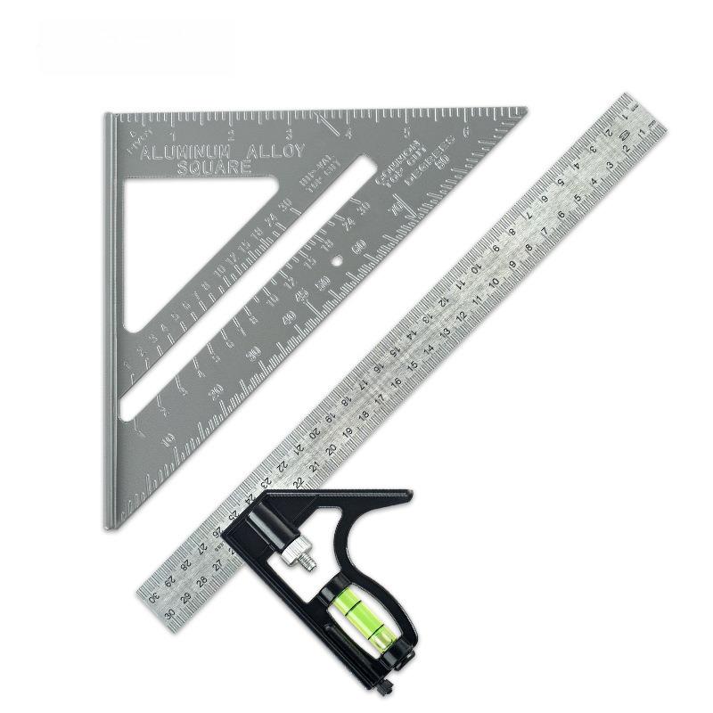 2Pcs/Set 18-25.5CM 10 Inch Aluminum Alloy 1pc Triangle Angle 1pc Ruler Oblong Shape Protractor Measuring Ruler Woodworking Tool