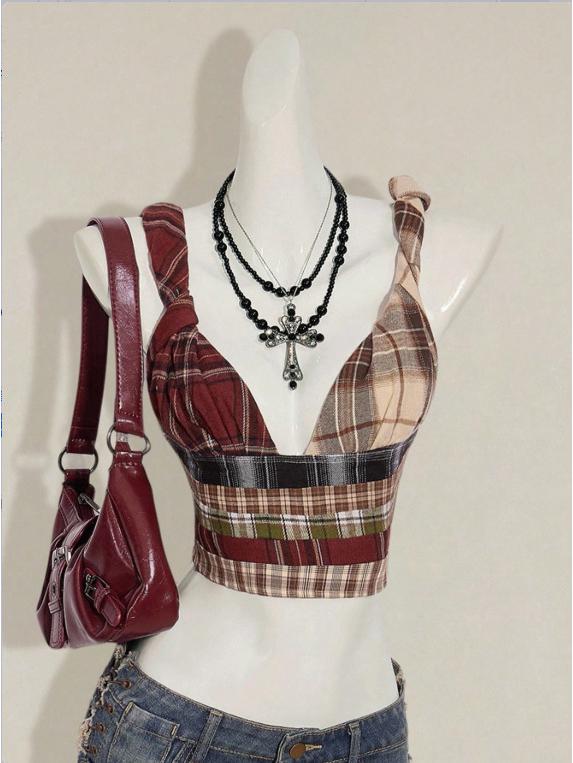 

2025 High-Waisted Slimming Plaid Patchwork Zipper Bikini Camisole M