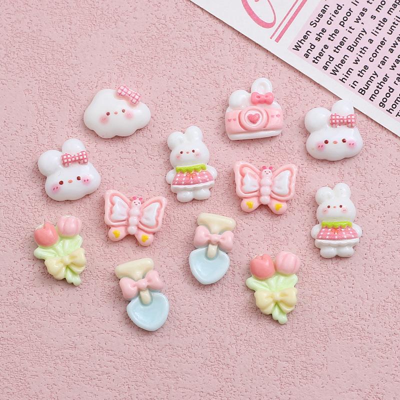 10Pcs New Cute Resin Mini Clouds Pink Series Rabbits Butterflies Flat Back Ornament Jewelry Making Manicure Fashion Accessories