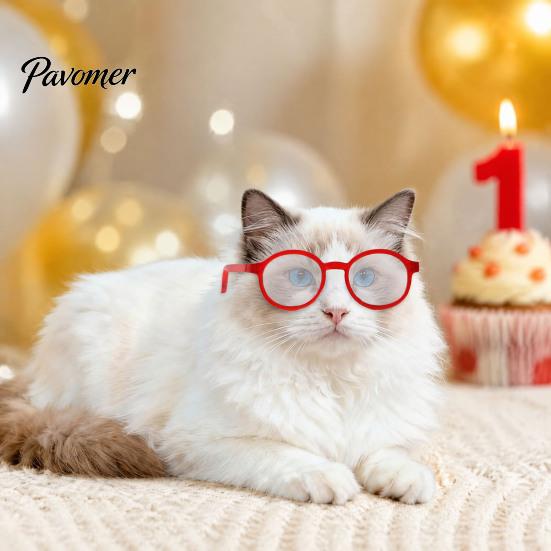 Retro Pet Eyewear for Puppies Cat Glasses, Red Round Frame, Clear Lenses Dog Content Creation Props Lightweight Funny Eyeglasses Cats, Small