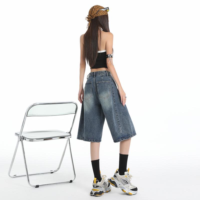Y2K Street Vintage Tiefer Bund Schräge Tasche Gewaschene Whisker Weites Bein Jorts Bermuda Jeansshorts