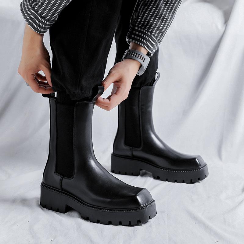 Herremote scene nattklubb høye chelsea boots firkantet tå ekte skinnsko cowboy plattformstøvel kul lang motorsykkel botas