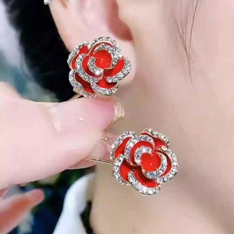 

Earrings Ethnic Style Red Camellia Stud Earrings Exquisite Rose Earrings 2025 New Arrival Fancy Sterling Silver Needle Accessible Luxury Red