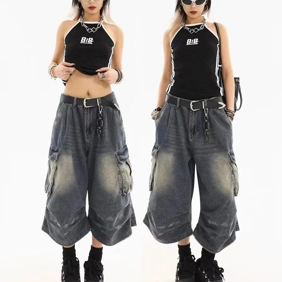 Pantaloni scurți din denim pentru femei, stil american, vintage, spălați, cu buzunare multiple, design plisat, lejer, drapeați, de șapte picioare