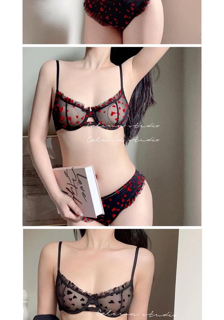 French Pink Lace Heart Bra Set: Sexy, Thin, Bust-Enhancing Design for Young Women