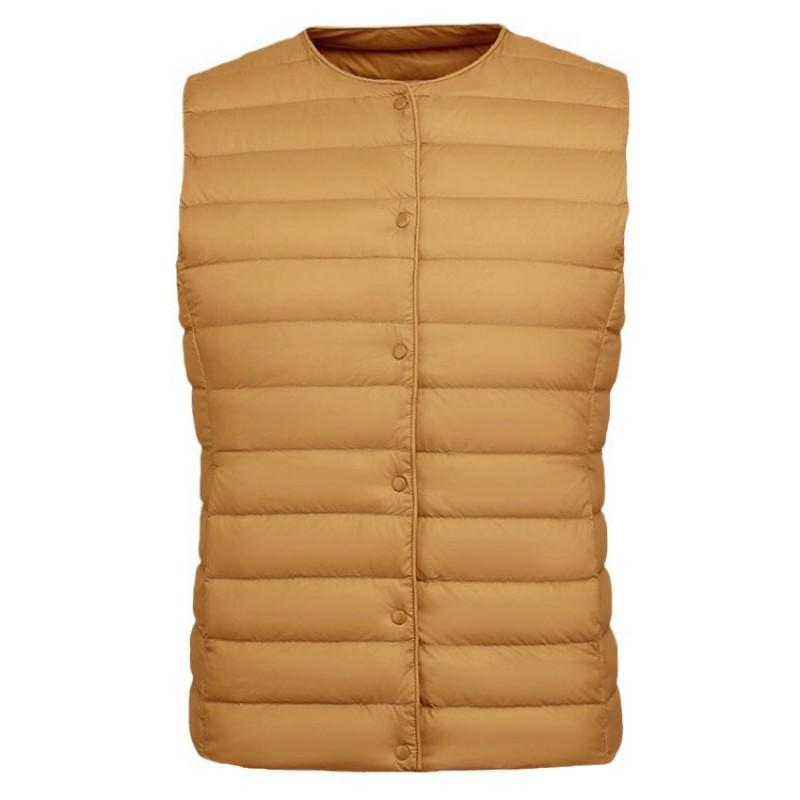 Womens Lightweight Down Vest Slim Fit Sleeveless Puffer With Round Or V-Neck 90% White Duck Inner Layer