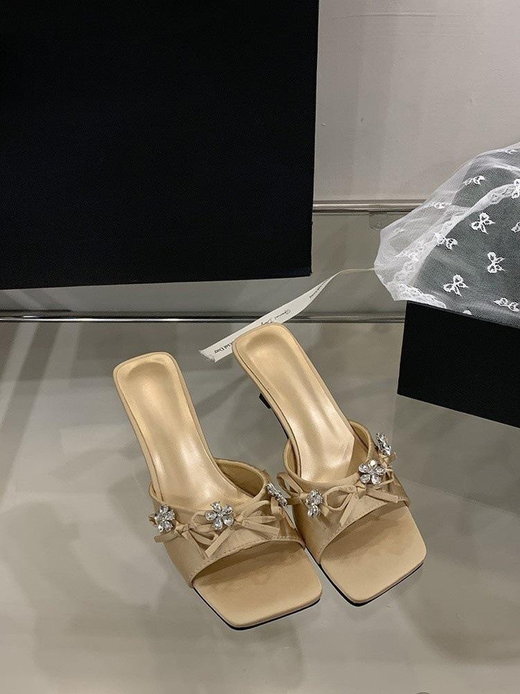 Fairy style with skirt, rhinestone sandals with slippers, square head, thin heel, sandals, women's high heels, soft sole tide