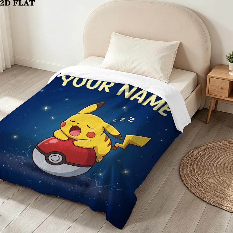 Custom Name,Pikachu Printed Flannel Blanket, soft throw for bedroom sofa, washable, Christmas present, great gift.