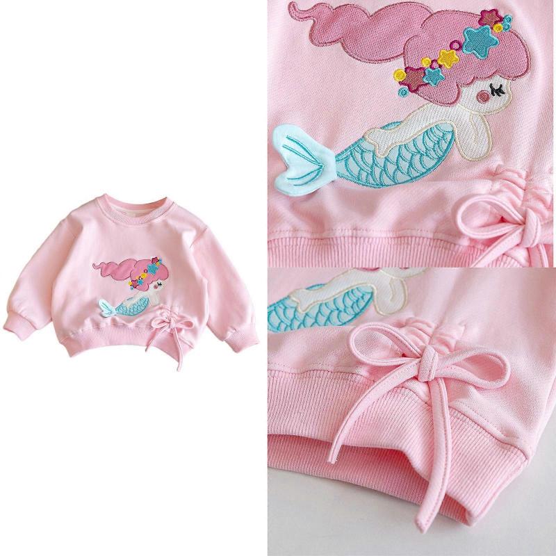 Lovely Sea-maid Themed Cotton Blend Sweatshirt For Girls Machine Washable Top Roun Neck For Daily Adventures  Pink 90-130