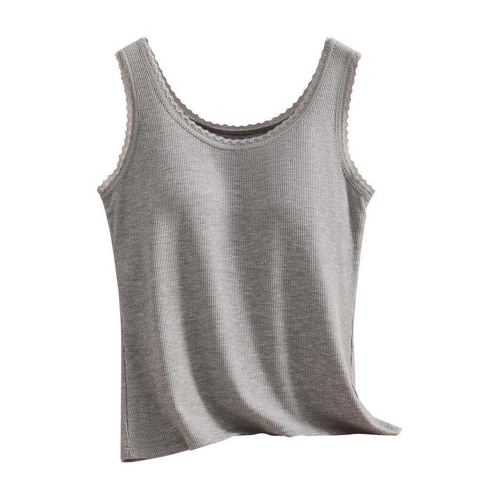 Lace Trim Strappy Tank for Women with Built-in Padding, Fixed Cups; Wear As Outerwear or Base Layer, Wide Shoulder Style.