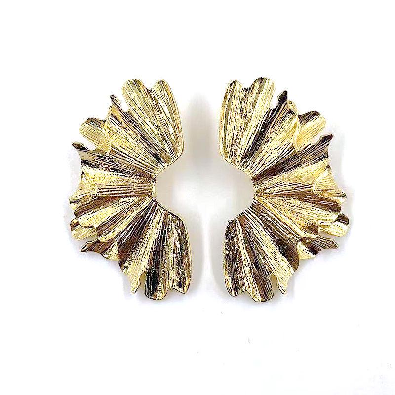 Exaggerated Winged Alloy Flower Earrings with Irregular Pleated Fan and Symmetrical Leaves Design