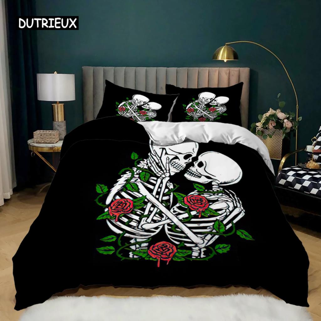 Skull Duvet Cover Queen Size Gothic Skeleton Bedding Set Rose Flower Polyester Comforter Cover for Kids Teens Adults Halloween
